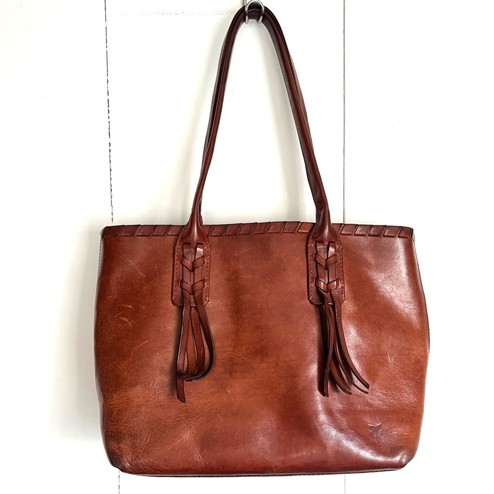 Frye Layla Brown Leather Shopper Shoulder Tote Bag Fringe Western Large Purse